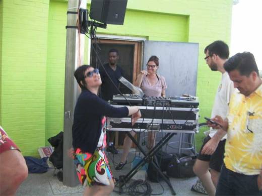 Shake It Up scene: Debbie D at the controls as Selector Bunny and Friar Popwell swing, and Tony.